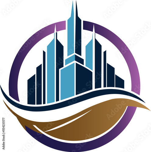 A blue and white logo featuring a city skyline in the middle, Abstract representation of growth and renewal in a sleek, modern style Free Vector