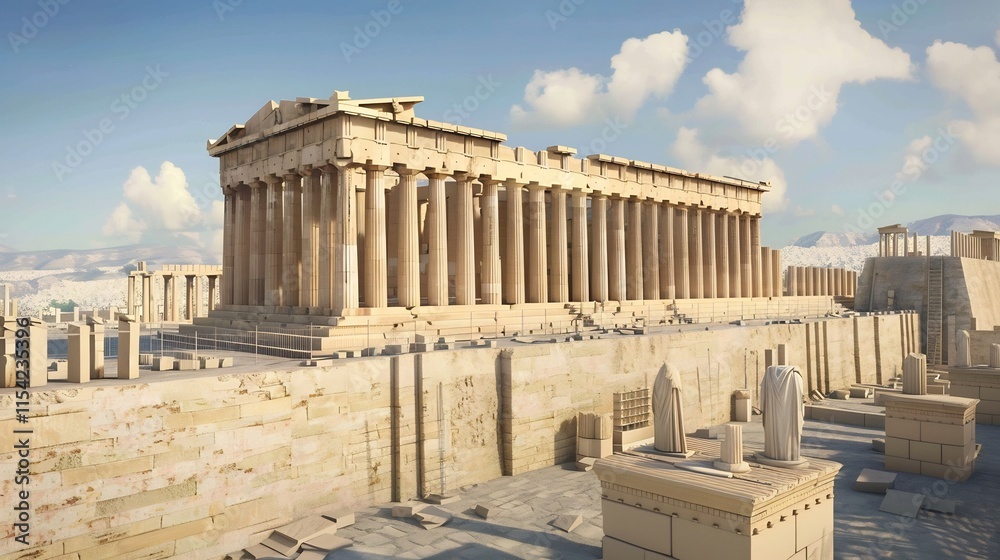 Naklejka premium Realistic visualization of architectural beauty of Parthenon within Greek civilization focusing on the intricate sculptures the symmetry of the design and its role as a symbol of Athenian democracy