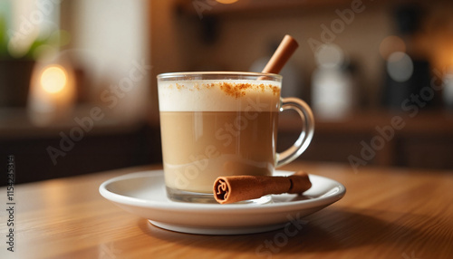Wallpaper Mural Coffee latte with cinnamon stick and frothy milk served in a glass cup on a wooden table Torontodigital.ca