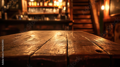 A close-up view of a rustic wooden tabletop with a blurred background of a dimly lit bar interior. --ar 16:9 - Image #3 @Tanveer Sukhera photo