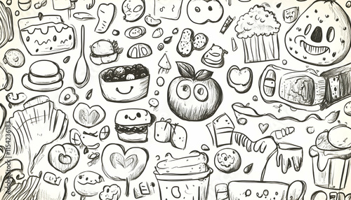 Hand-drawn food doodles background pattern; website, menu, packaging design.
