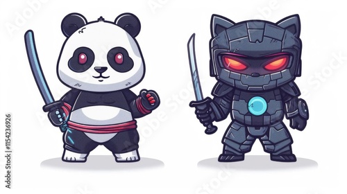 illustraction of techwear chibi panda ninjas robot mecha future JAPANESE VIBE detailed design for streetwaer and urban style t-shirts design photo