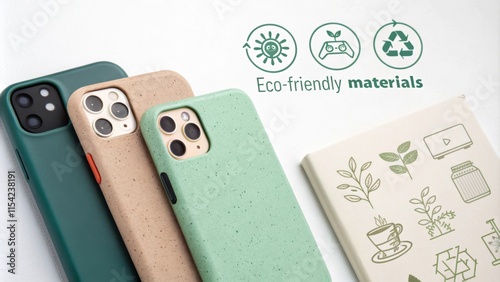 Biodegradable phone cases in various colors lie on a white surface, accompanied by eco friendly icons and symbols, showcasing commitment to environmental protection and sustainable practices photo