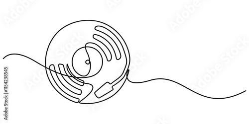 Vinyl LP record in one line art drawing style. Vector illustration, Vinyl record player turntable one line art. Continuous line drawing of analog audio player, retro music turntable vinyl disc jockey.