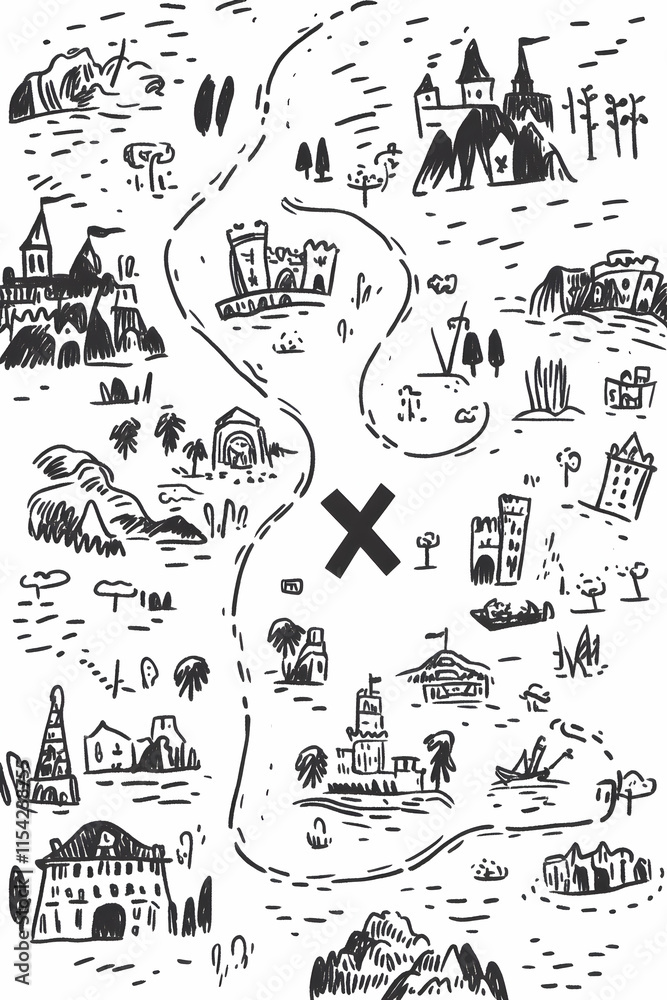 Hand-drawn treasure map showing journey path to X marked location, featuring castles & landscapes, ideal for adventure game design. Hand-drawn treasure map showing journey path to X marked location, featuring castles & landscapes, ideal for adventure game design.