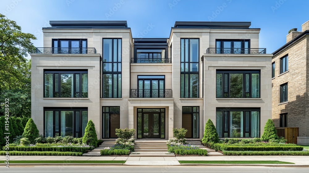 Elegant Modern Home with Large Windows and Lush Landscaping Elegant Modern Home with Large Windows and Lush Landscaping