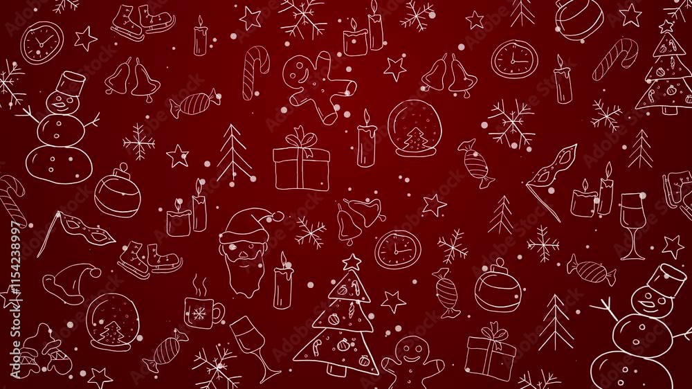 Animated hand drawn brush stroke Christmas icon pattern. Marker doodle in white color on red loop background.