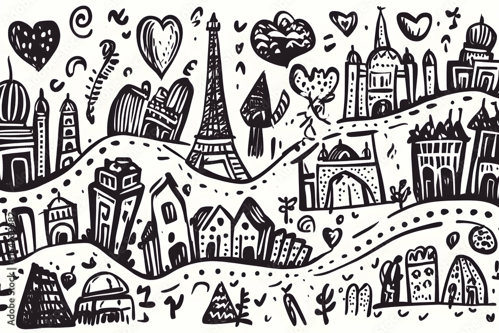 Hand-drawn world landmarks illustration, travel design, background, vector art.