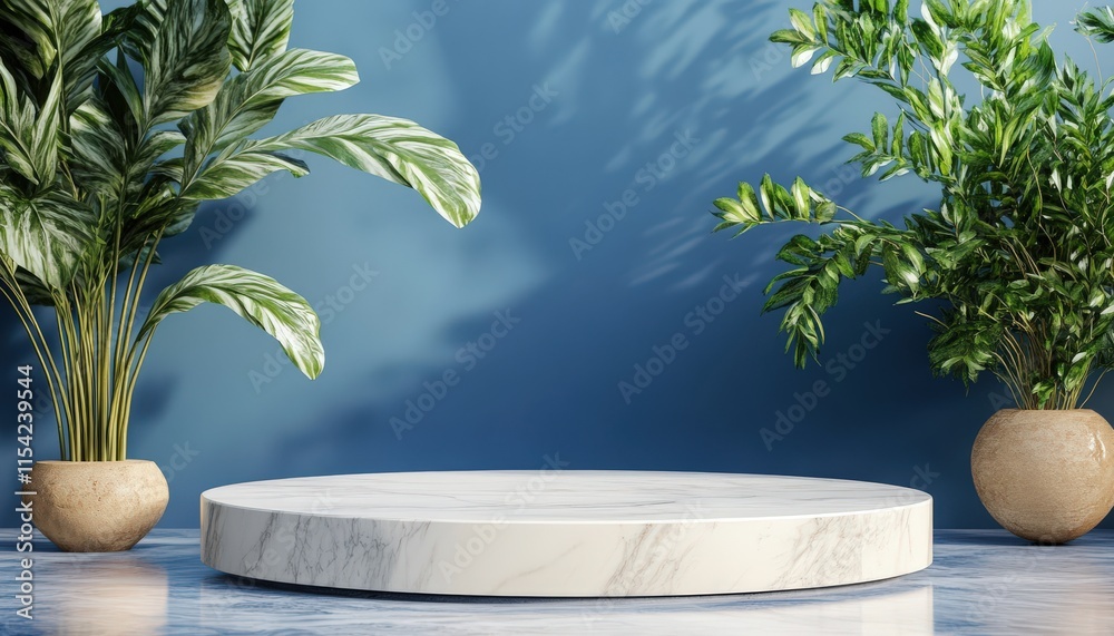 Obraz premium Elegant Marble Display Platform with Tropical Plants Blue Background