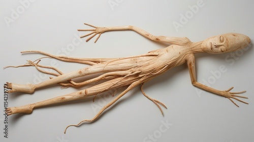 Carved wooden humanoid figure resembling a root system, lying supine on a white background.