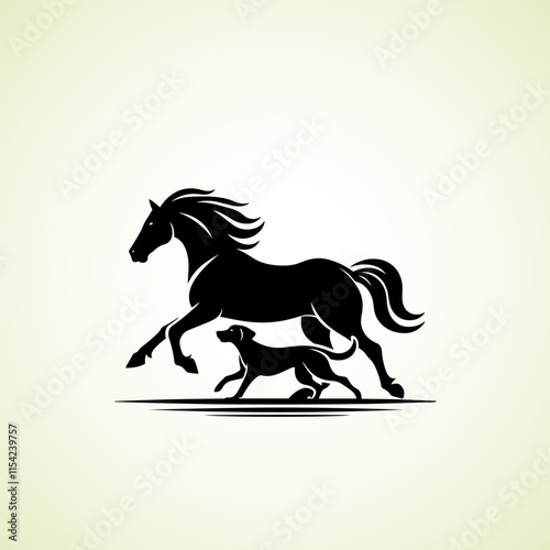 Horse and Dog running side by side, vector silhouette photo