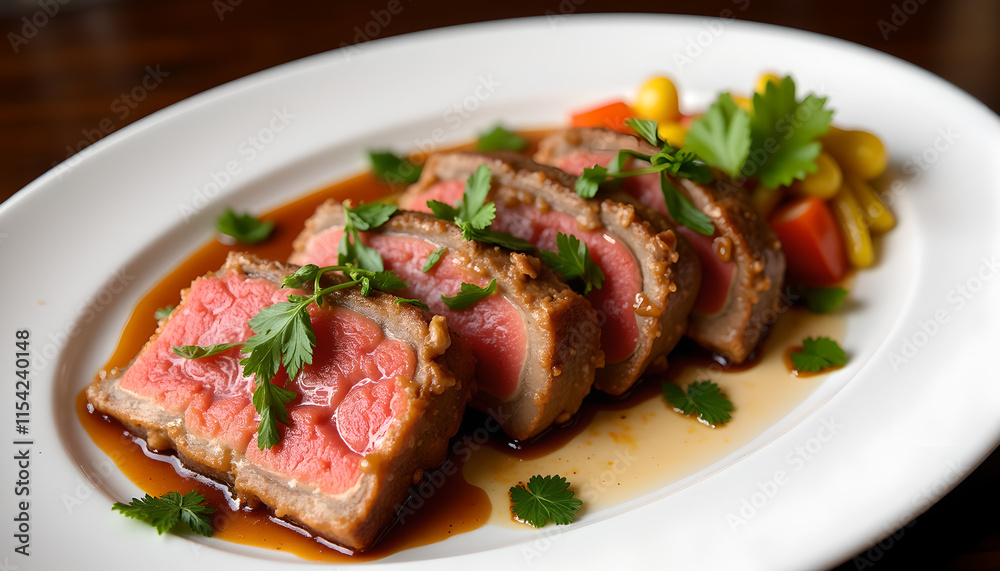Sliced beef tenderloin in sauce with fresh garnish Sliced beef tenderloin in sauce with fresh garnish