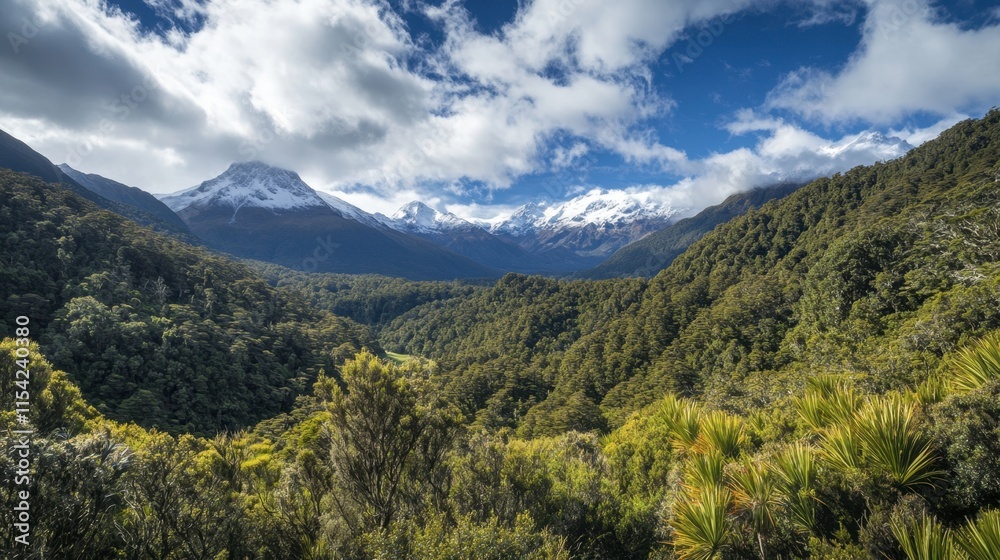 Majestic Mountain Landscape with Lush Green Forest and Blue Sky Majestic Mountain Landscape with Lush Green Forest and Blue Sky