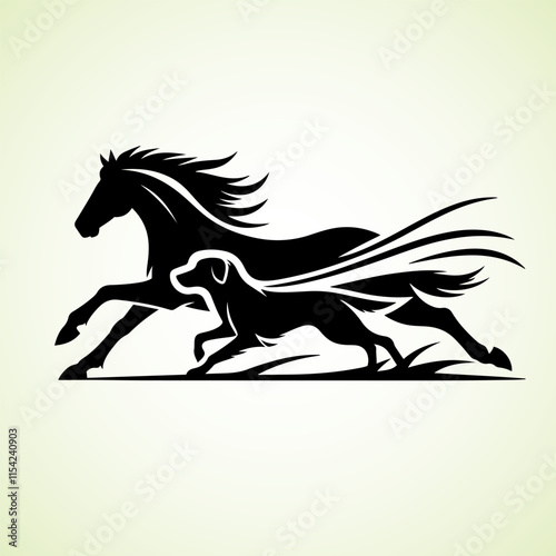 Horse and Dog running side by side, vector silhouette