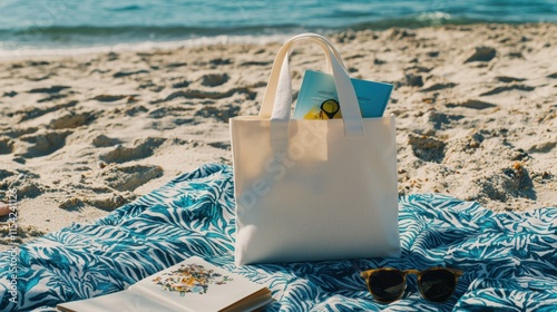 Reusable Tote Bag with Summer Essentials on Beach Blanket by Ocean and Sand Background