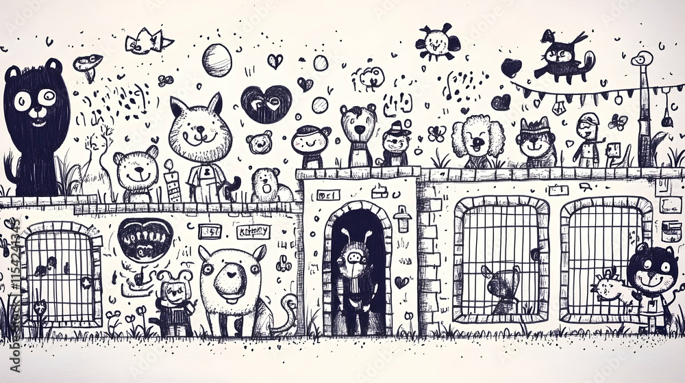 Obraz premium Happy Shelter Animals Sketch, playful background, adoption illustration.