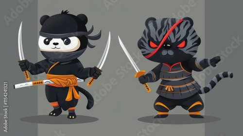 illustraction of techwear chibi panda ninjas robot mecha future JAPANESE VIBE detailed design for streetwaer and urban style t-shirts design photo