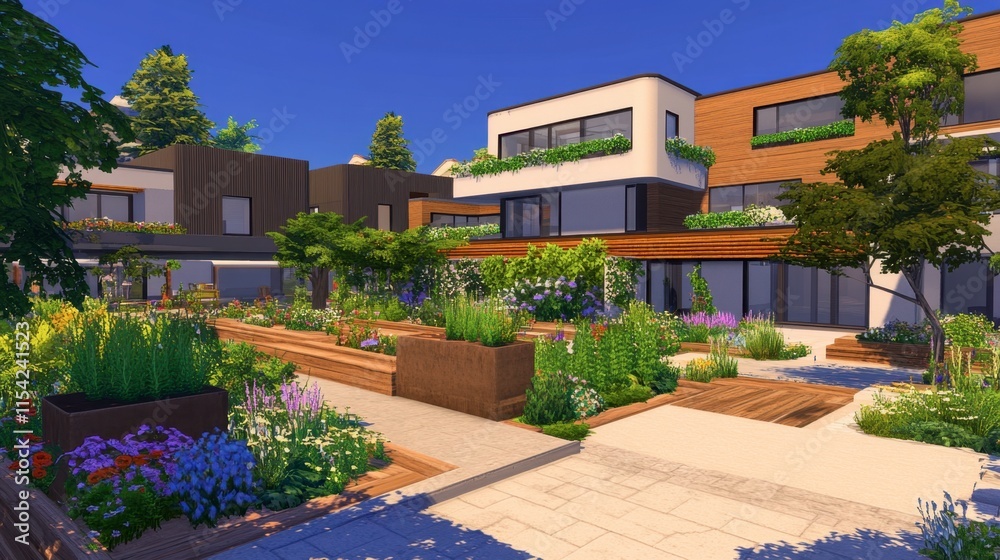Obraz premium Modern Residential Architecture with Lush Garden and Greenery