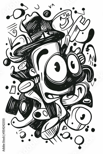 Joyful cartoon character doodle, whimsical background, graphic design element, t-shirt print.