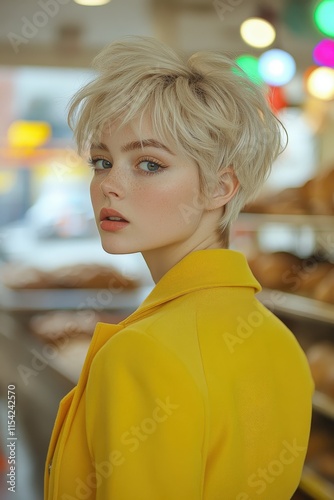 Young woman baker in vibrant yellow coat explores bakery with colorful lights