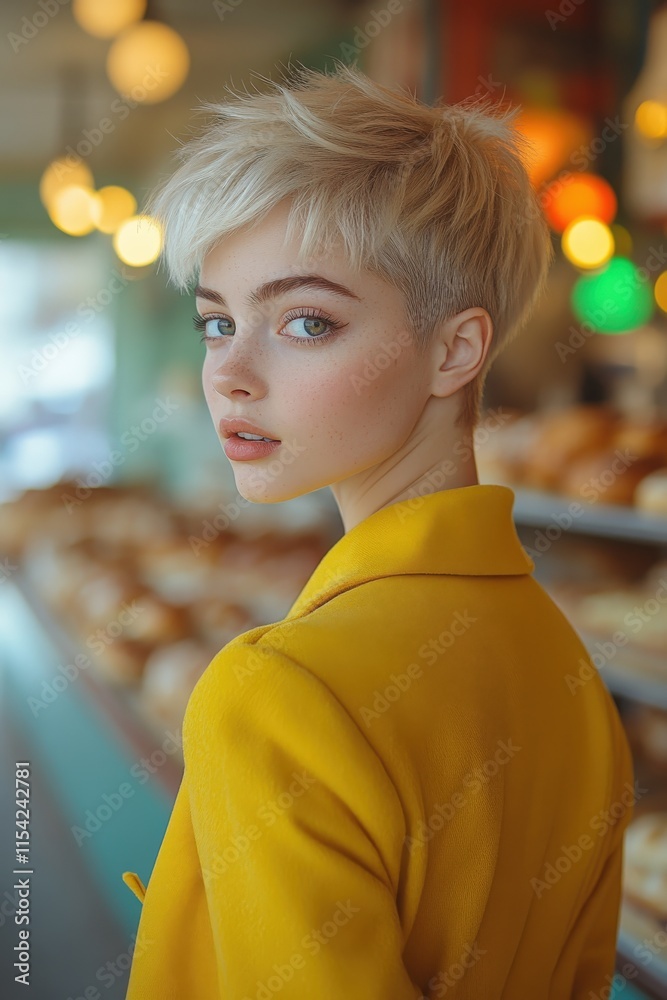Curious young woman in vibrant yellow coat at a bakery Curious young woman in vibrant yellow coat at a bakery