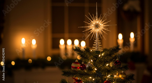 2025 christmas celebration ornament hanging on christmas tree with candles
