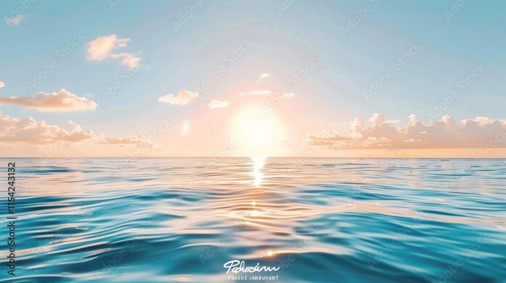 Obraz premium Serene ocean sunrise with calm water and soft clouds.