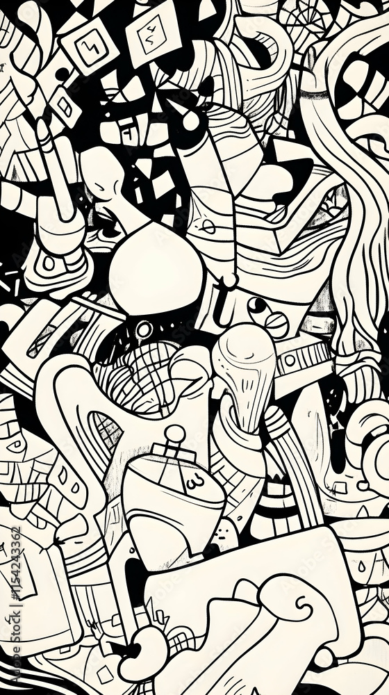Obraz premium Monochrome abstract doodle art background design, urban scene, website banner.