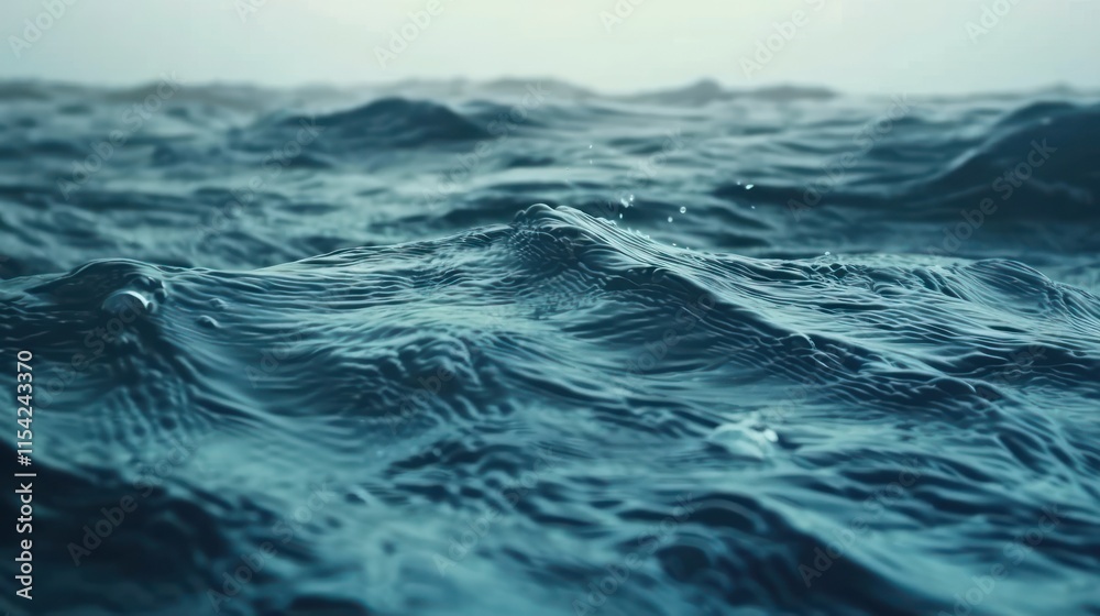 Close-up view of a dark teal ocean surface with small waves and water droplets. Close-up view of a dark teal ocean surface with small waves and water droplets.