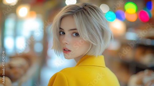 Young woman backer in yellow coat curiously looks back in a bakery with colorful lights