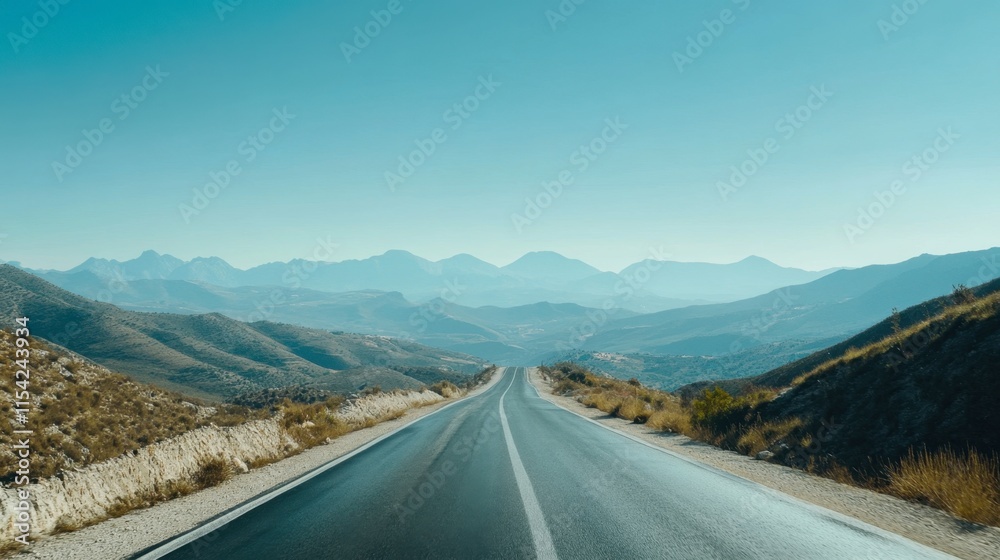 Obraz premium Serene Mountain Road Under Clear Blue Sky, Scenic Landscape View