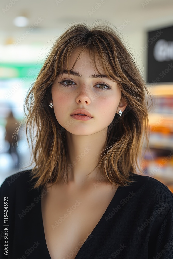 Young woman shop-assistant thoughtfully engaging with customers at supermarket Young woman shop-assistant thoughtfully engaging with customers at supermarket