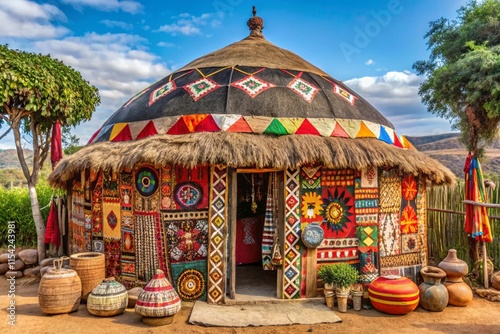 Traditional decorated hut featuring vivid patterns, rustic elements, and natural surroundings in a rural setting photo