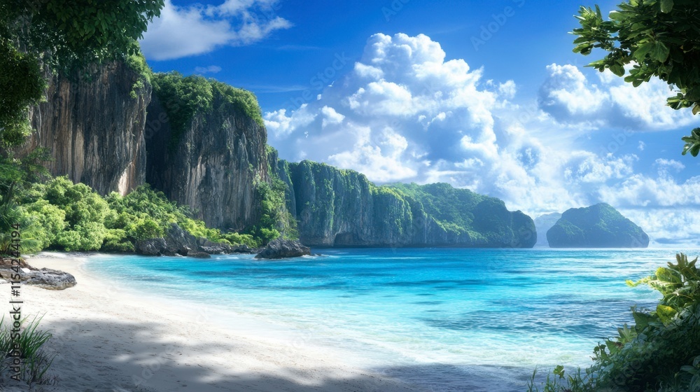 Fototapeta premium Serene Tropical Beach with Lush Green Cliffs and Clear Blue Sky