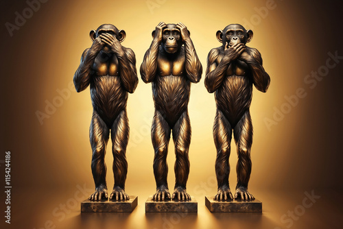 Three unique monkey statues symbolizing hear no evil, speak no evil, see no evil.
