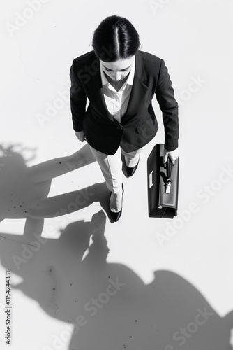Confident Businesswoman Walking with Purpose in Black and White