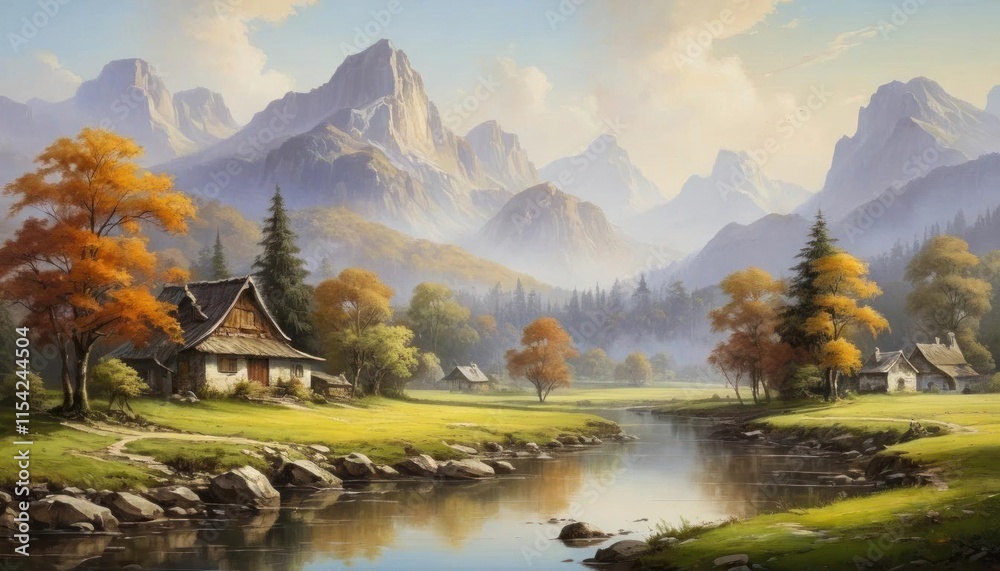 Fototapeta premium Serene Autumnal Mountain Valley Landscape Painting