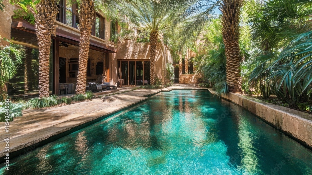 Fototapeta premium Serene Tropical Oasis with Palm Trees and Reflective Pool Waters