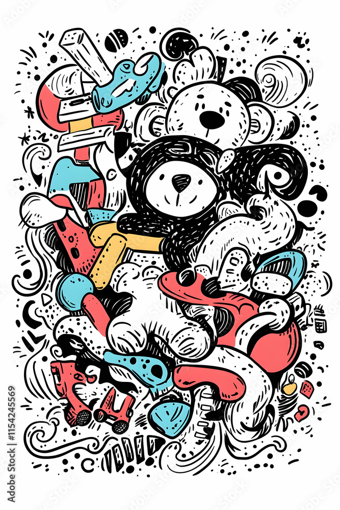 Obraz premium Playful Panda Scooter Doodle Illustration, Whimsical Background, Children's Book, Card Design.