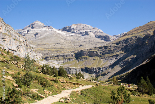 Soaso circus in the Ordesa Valley National Park in Aragon Pyrenees with the Lost Peak (Monte Perdido) in the background. Huesca, Spain. photo