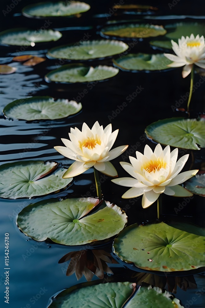 White lotus blooms and water lilies create a dreamy, tranquil water garden.
White lotus blooms and water lilies create a dreamy, tranquil water garden.