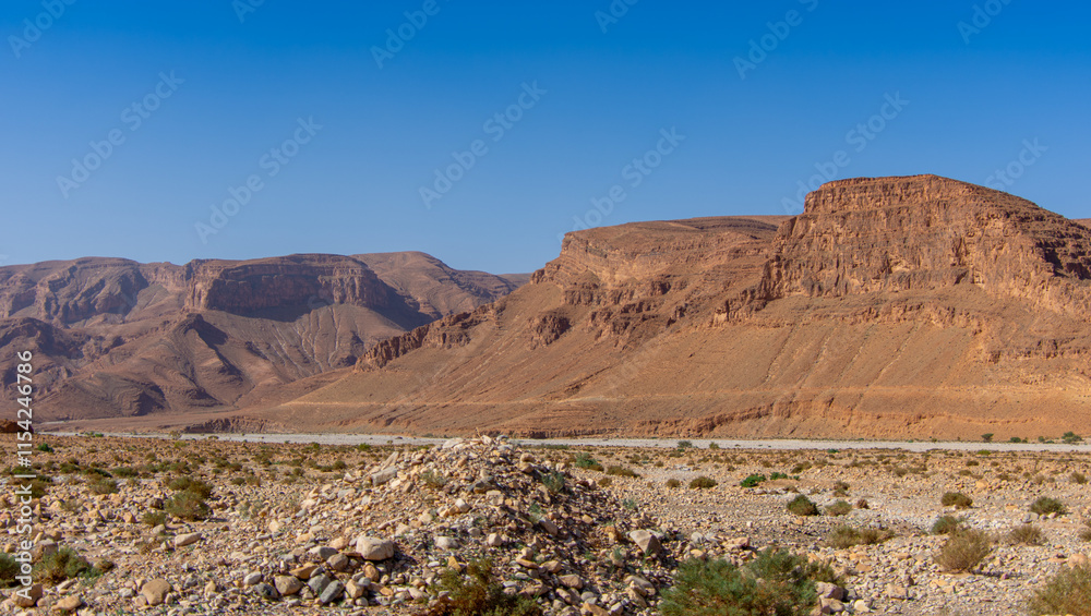 Naklejka premium Dry wadi (river) of the Moroccan countryside near the Atlas Mountains 