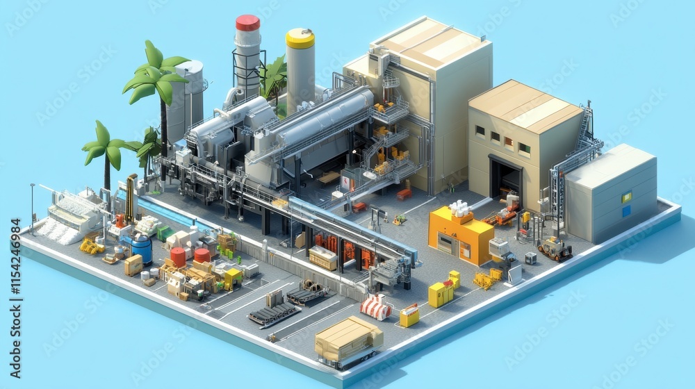 Colorful Industrial Setup with Machines and Containers in 3D Style Colorful Industrial Setup with Machines and Containers in 3D Style