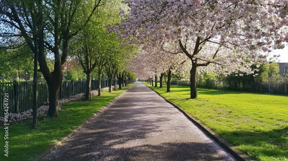 Serene Pathway Lined with Blooming Cherry Trees in Springtime Serene Pathway Lined with Blooming Cherry Trees in Springtime