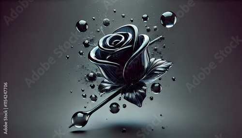Glass blowing effect on a black rose. The transparency and fluidity of glass conveys the essence of the object in artistic form.