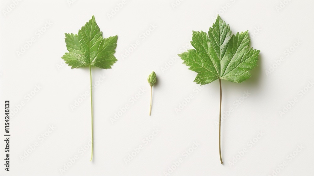 Fototapeta premium Two green leaves and a bud on white background.