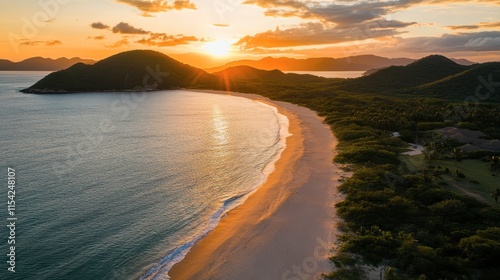 Tranquil Sunset Over Serene Beach and Lush Landscape in Nature