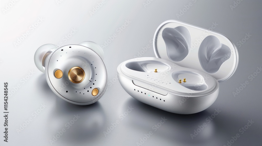 Wireless earbuds with charging case on reflective surface. Wireless earbuds with charging case on reflective surface.