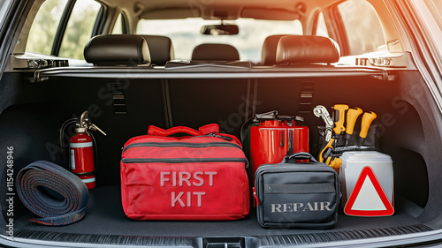 Car emergency travel kit neatly organized inside the trunk of a modern car with essential safety items