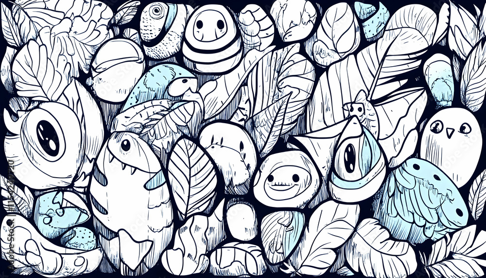 Fototapeta premium Whimsical Doodle Animals & Plants, Dark Background, Illustration, Design Element.